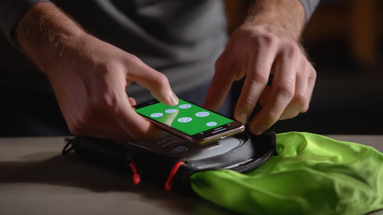 A User Interacting with a Smartphone on a Smart Device, Demonstrating Touch Controls and Functions while Positioned on a Storage Bag with a Bright Green Accent
