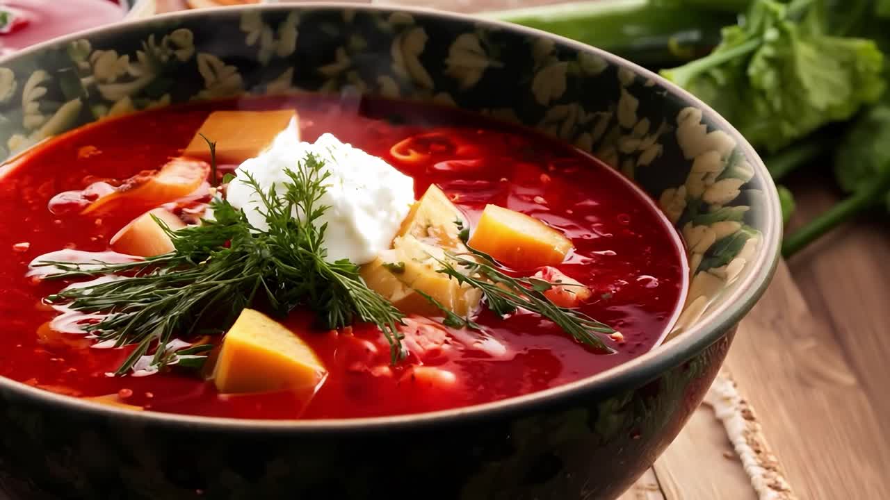 Borscht, a traditional Russian and Ukrainian soup, served in a bowl with sour cream and dill