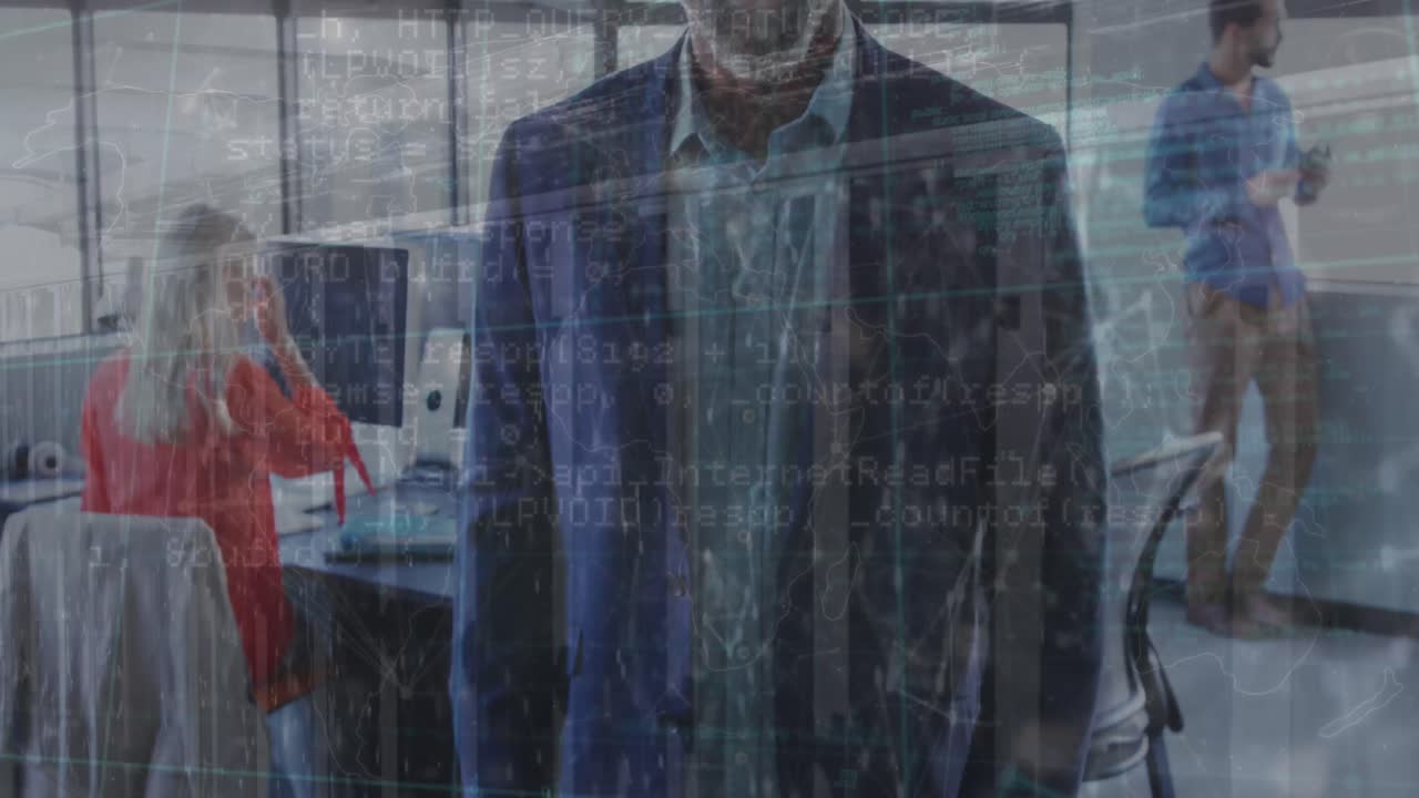 animación del procesamiento de datos financieros sobre diversas personas de negocios en la oficina