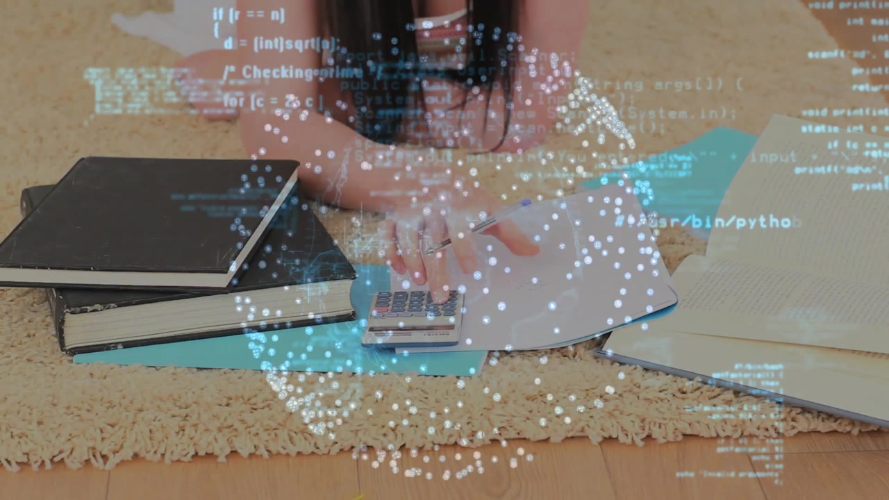 Overlay code snippets initiating woman writing numbers and using calculator for finance on rug