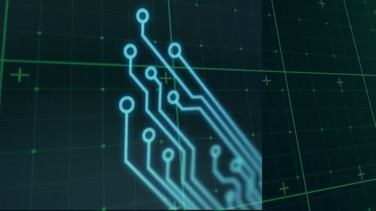 Animation of integrated circuit over data processing on black background
