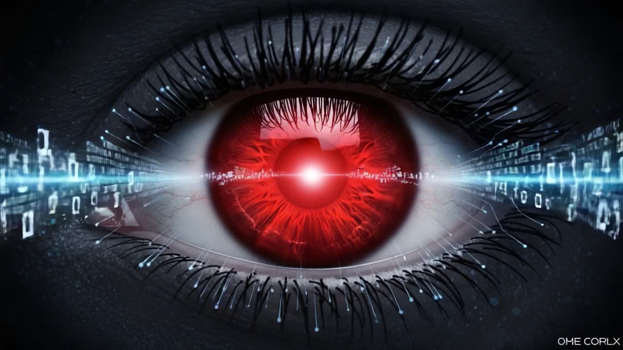 A Glimpse into Cybernetic Vision: An Artistic Representation of an Eyeball with Futuristic Elements and a Pulsating Red Core Amidst Data Streams