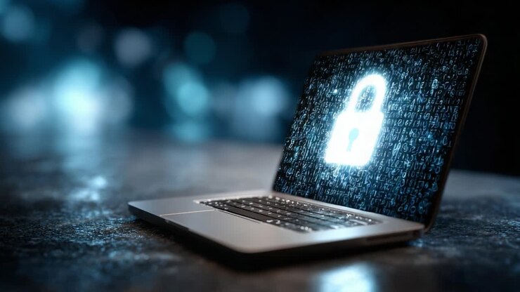 A Captivating Glimpse of Digital Security: A Laptop Displaying a Lock Icon Surrounded by Complex Data Patterns, Symbolizing Cyber Protection and Privacy in the Modern Age