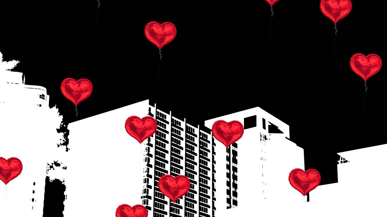검은 바탕에 심장 모양의 풍선과 도시 풍경의 애니메이션