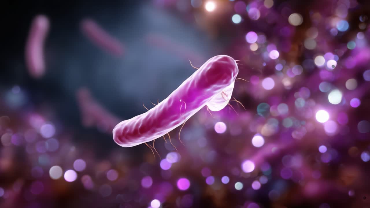 Microscopic View of Vibrant Pink Bacteria Floating Amongst a Multicolored Background, Showcasing Intricate Details of Microbial Life in Motion