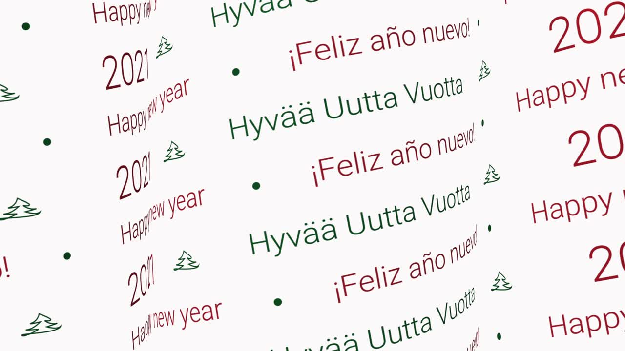 Happy new year 2021 video, moving pattern words at white background as intro or background. Looping video for celebration in english, Finnish and spanish
