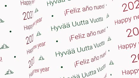 happy new year 2021 video, moving pattern words at white background as intro or background. looping video for celebration in english, finnish and spanish