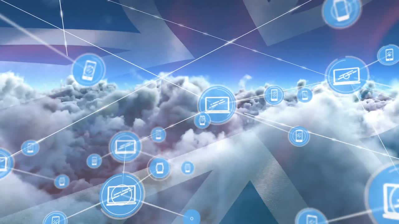 animación de la red de conexiones con iconos sobre la bandera de gran bretaña y nubes en el cielo