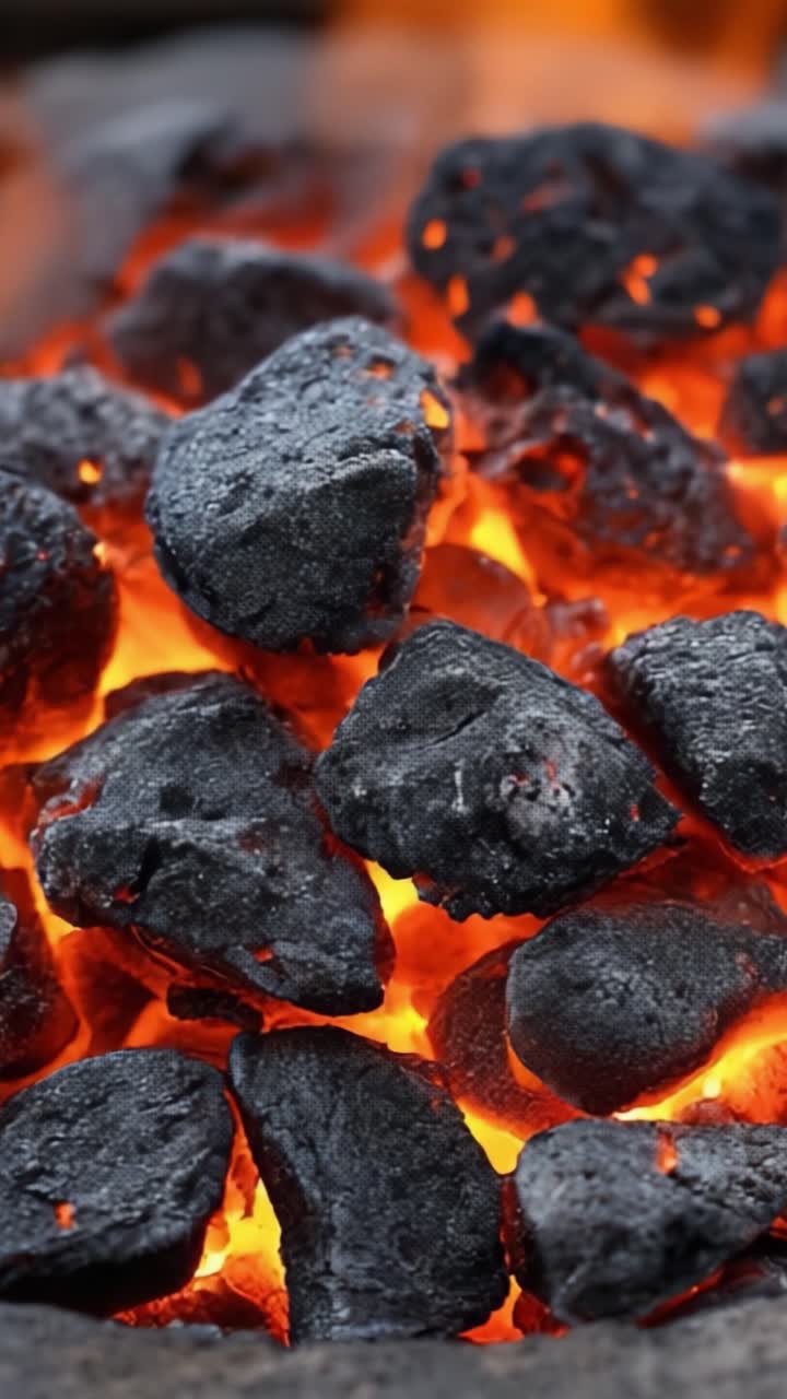 Braci di carbone incandescenti: una vista ravvicinata del calore e dell'energia distruttiva del carbone, che mostra le texture uniche e i colori vibranti del carbonio in combustione in movimento