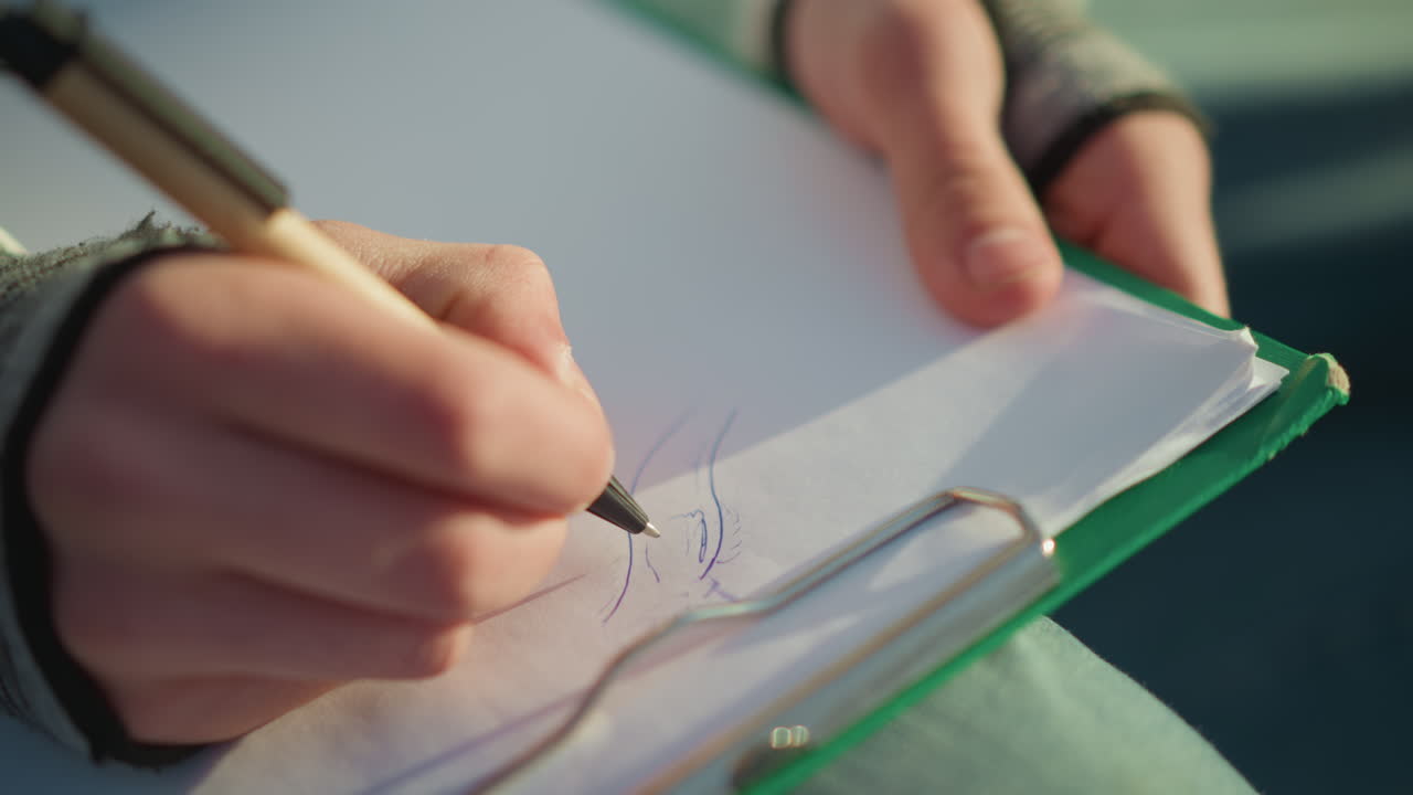 햇빛 아래 야외에서 스케치하는 집중한 여성, 자연광 아래 스케치를 포착하는 집중한 여성 아티스트, 햇빛이 그녀의 손과 작품을 비추는 가운데 클립에 강렬하게 스케치하는 여성 아티스트