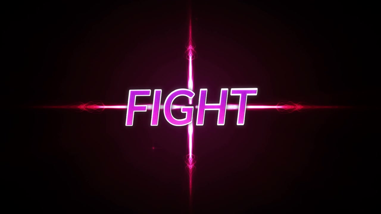Animazione del testo "fight" in lettere metalliche rosa su scie di luce rosa.