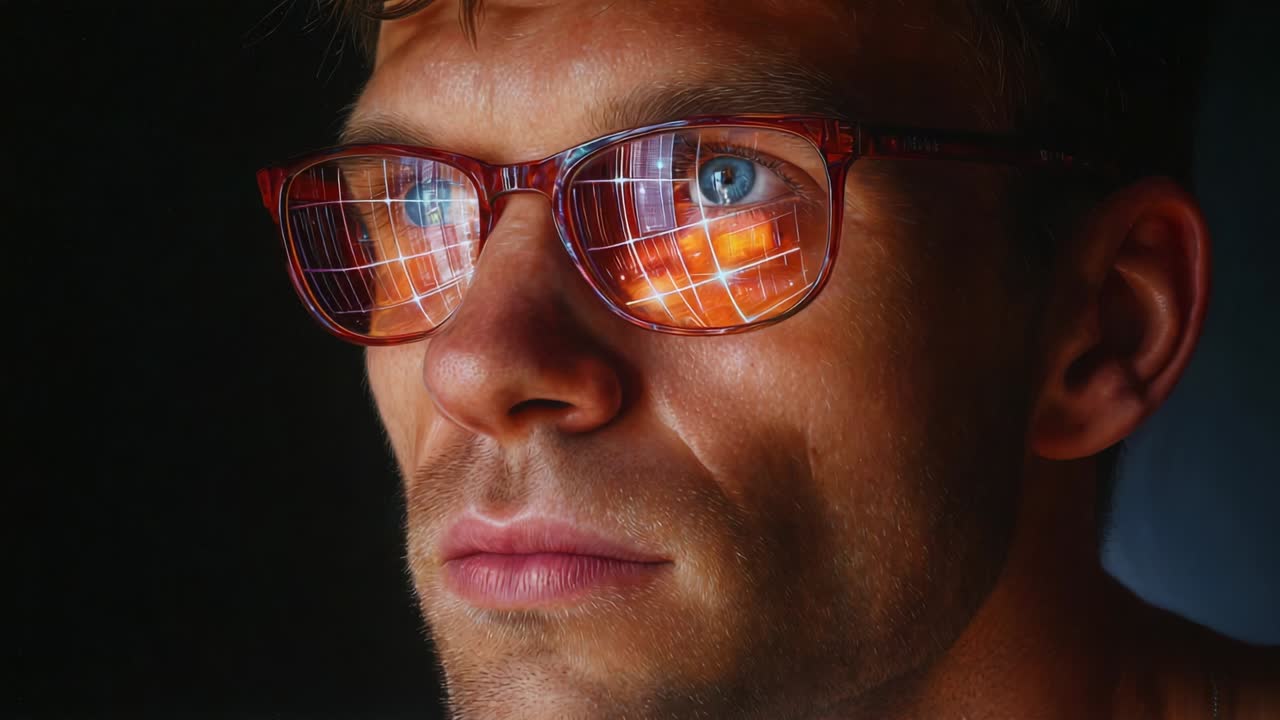 An Introspective Portrait of a Man Wearing Glasses Reflecting an Intricate Grid Pattern, Capturing the Depth of Emotion and Contemplation Through His Eyes and Expression in a Dramatic Lighting Setting
