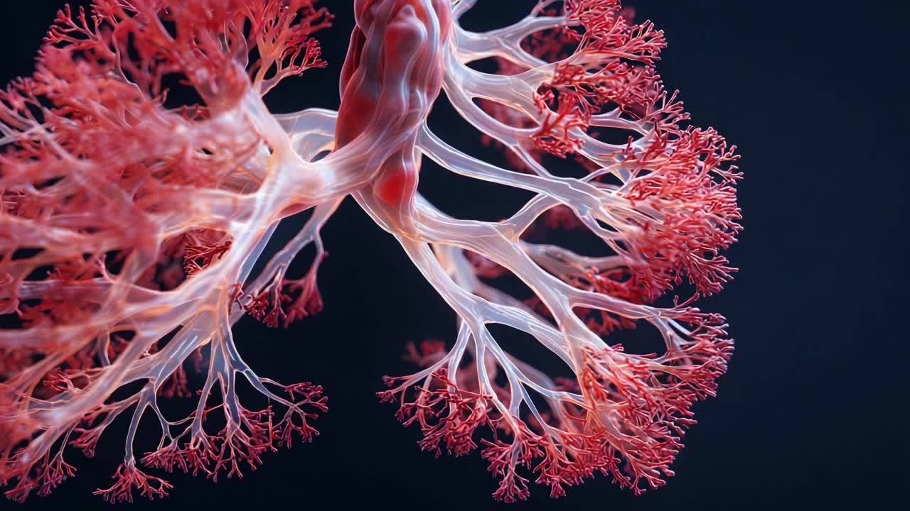 Visualizzazione dettagliata della struttura di un polmone umano, che mostra la complessità delle ramificazioni bronchiali e degli alveoli in una rappresentazione scientifica e artistica dell'anatomia respiratoria