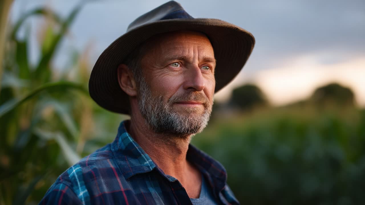 A Thoughtful Farmer in a Field: Capturing the Essence of Agricultural Life Amidst Nature's Beauty and the Serenity of Dusk in a Rural Landscape