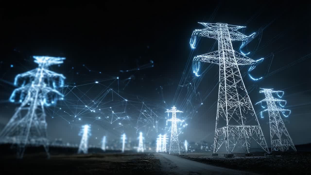 Illuminated Power Lines at Night: An Impressive Display of Electricity and Connectivity in a Modern Landscape with Vibrant Digital Overlays