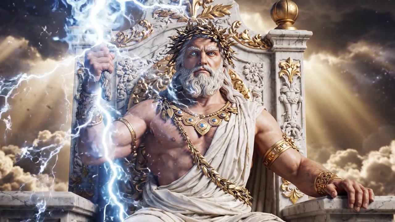 Representação majestosa de uma divindade poderosa sentada em um trono ornamentado, empunhando raios, rodeada por nuvens dramáticas e feixes de luz radiantes, incorporando força e autoridade