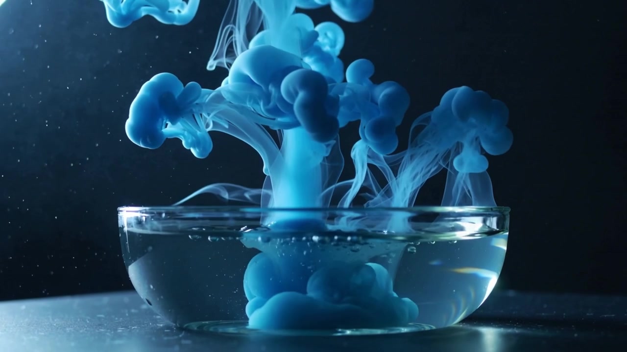 Descending blue pigment jet penetrating water in clear glass bowl on studio table, mixing