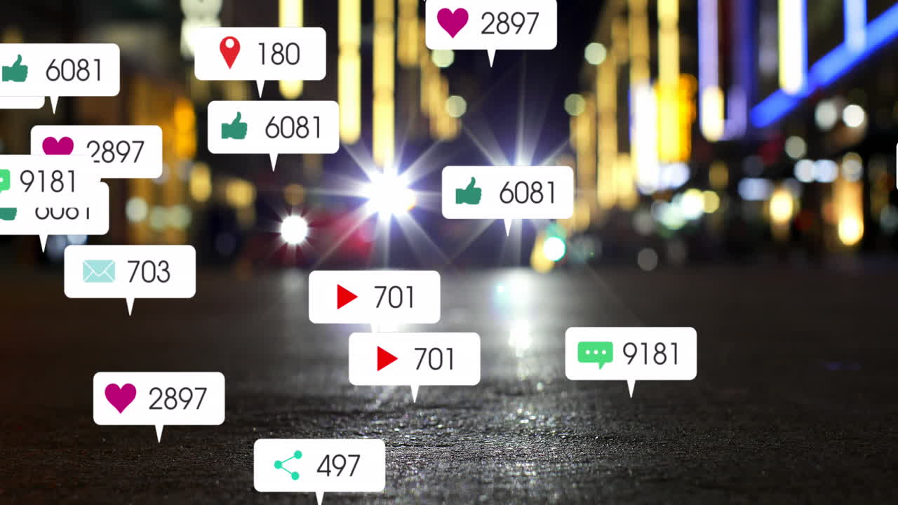 animación de iconos y números de las redes sociales fuera de foco en el semáforo