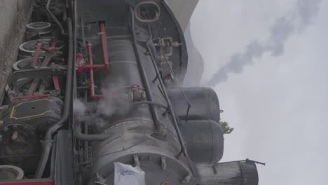 Close-up-of-a-vintage-steam-train-on-the-tracks-in-Patagonia,-Argentina