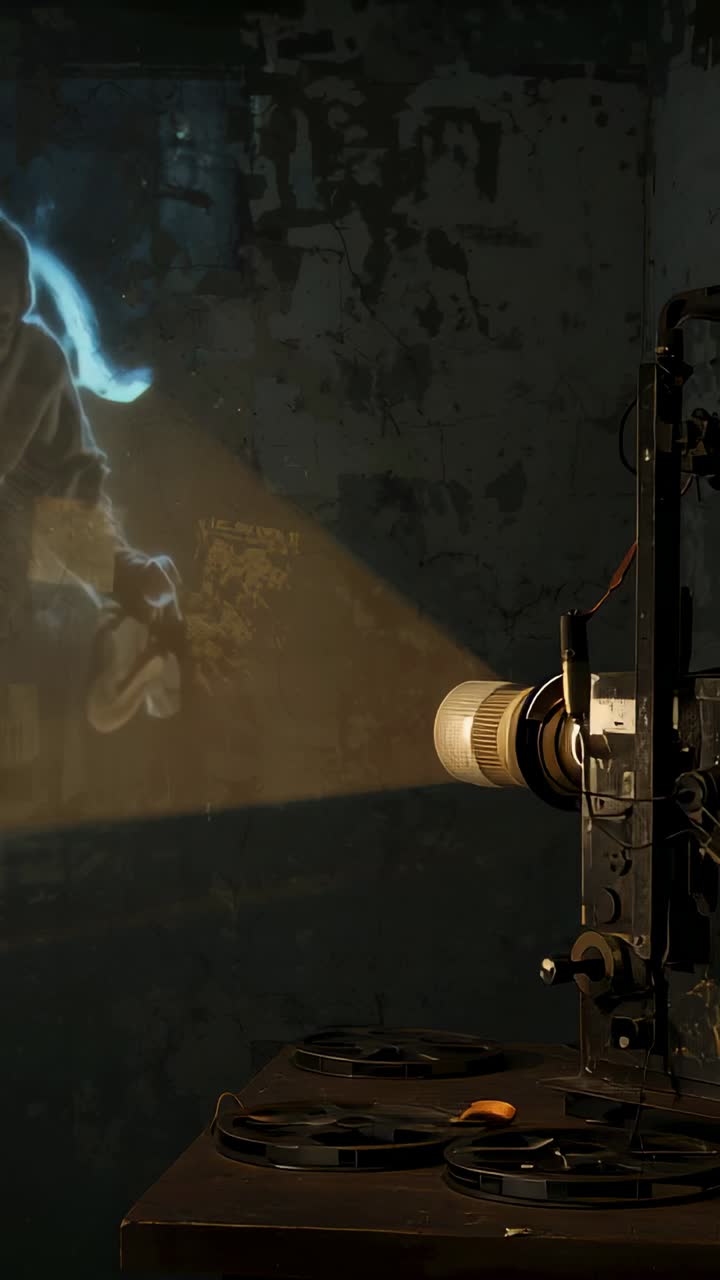 Vertical video: Powering projector casting looping child silhouette on wall with reels, copy space