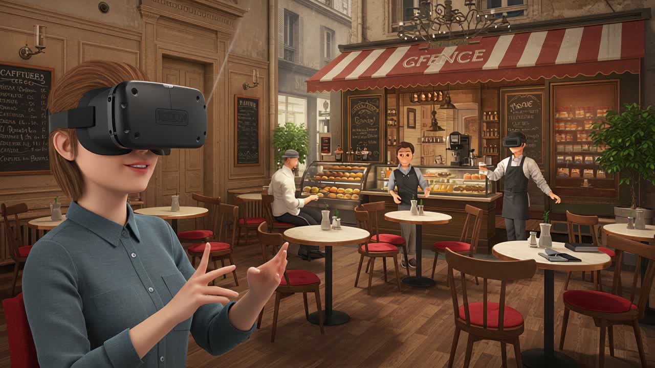 A Vibrant Café Scene Enhanced by Virtual Reality: A Female Character Experiences an Immersive Virtual World in a Cozy Setting Filled with Delightful Pastries and Engaged Staff
