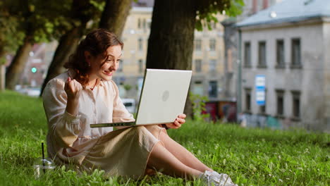 overjoyed woman working on laptop celebrate success win money in lottery get online good new in park