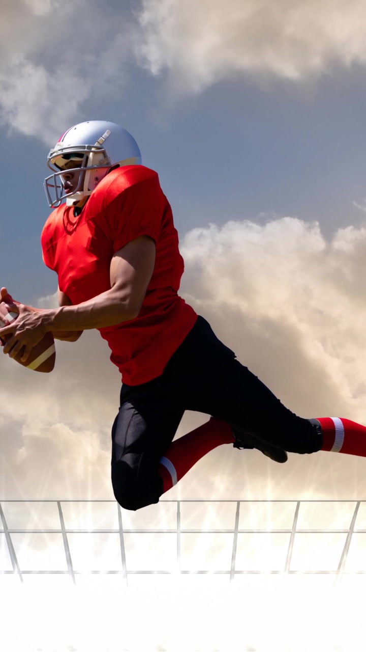 Animazione di un giocatore di football americano con la palla su uno stadio sportivo e schizzi colorati
