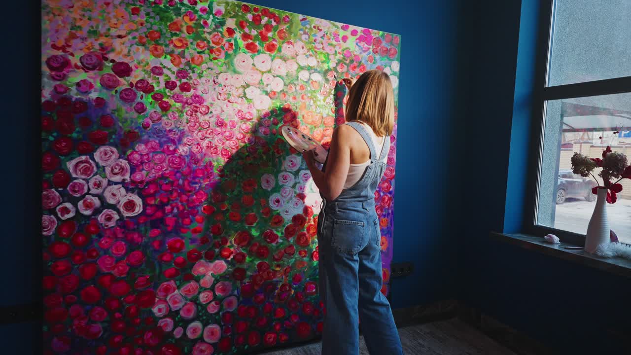 Mulher artista pintando uma grande tela floral vibrante em estúdio