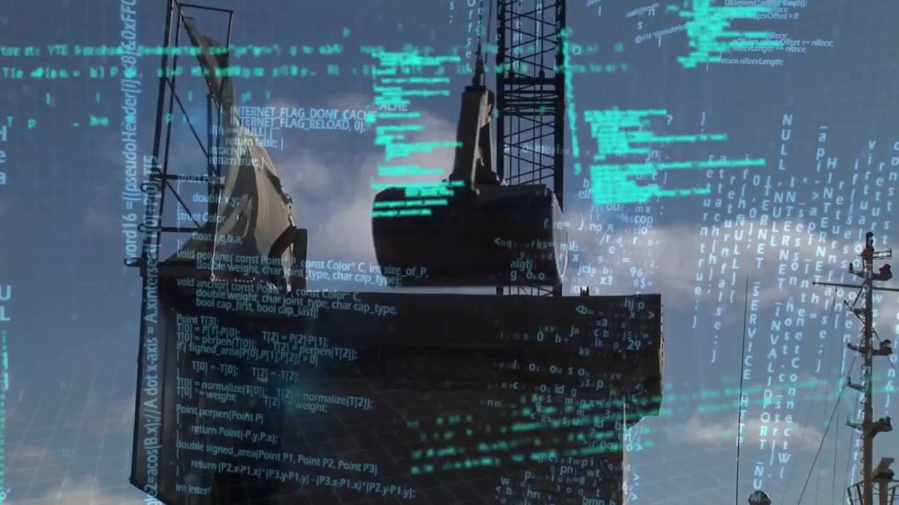 Flere skærme med databehandling over en byggeplads i baggrunden.