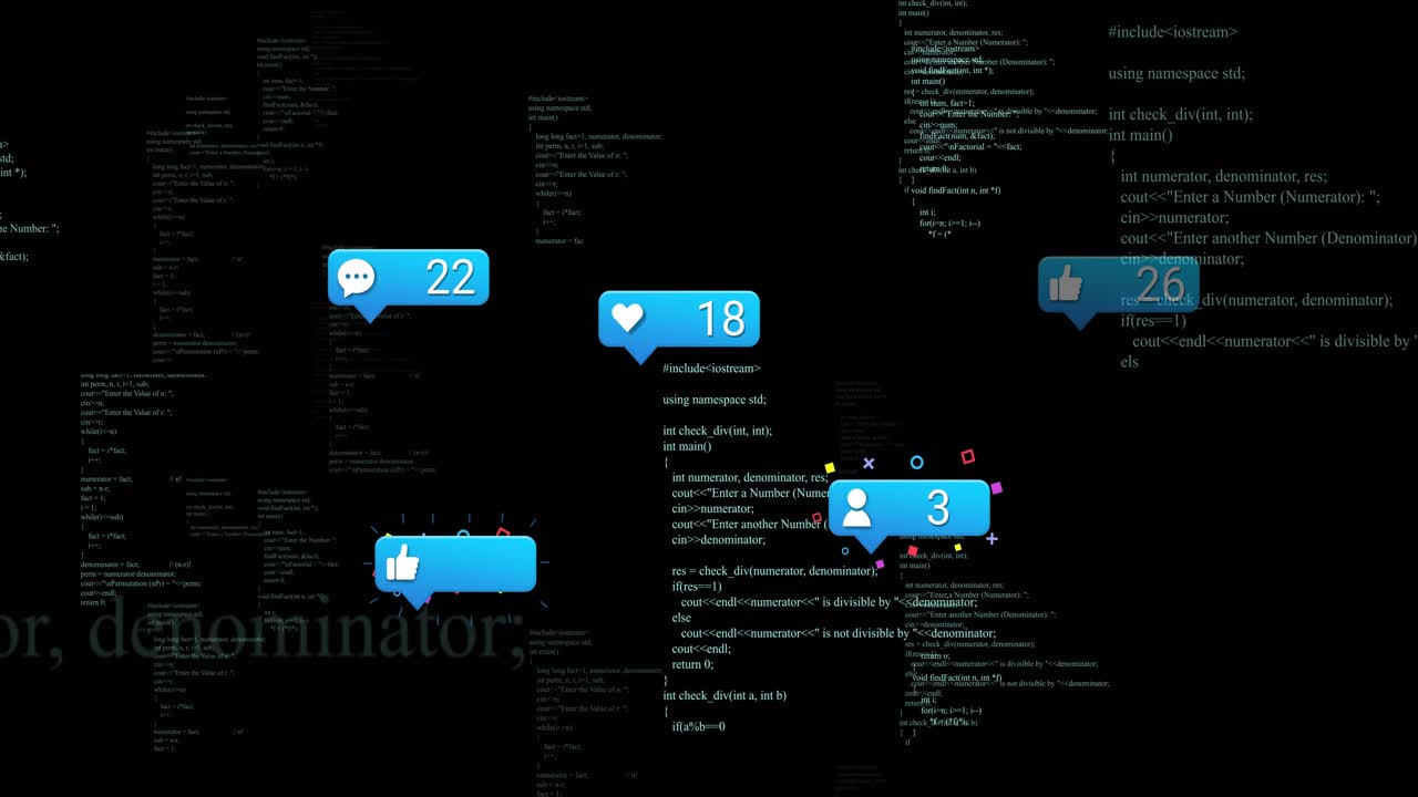 Opening C++ code backdrop showing thumbs-up fading floating icons with confetti visualizing growth