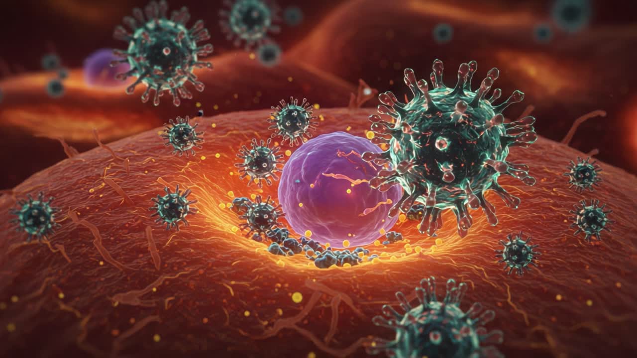 Interazione dinamica tra virus e cellule: un'esplorazione dettagliata del comportamento virale e delle risposte cellulari in un ambiente microscopico
