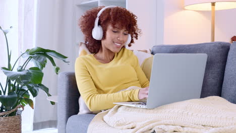 happy woman enjoying music streaming service