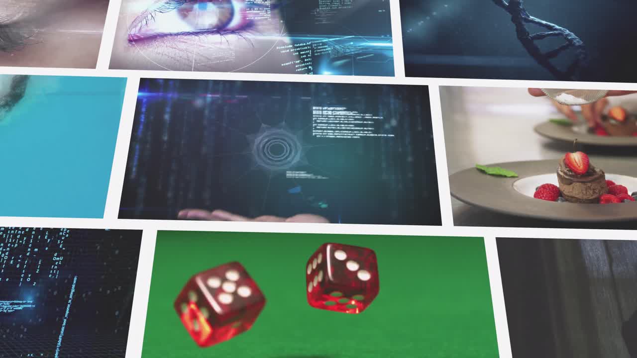 pantallas compuestas de desplazamiento, incluida una pareja en la playa, tecnología digital y juegos de azar