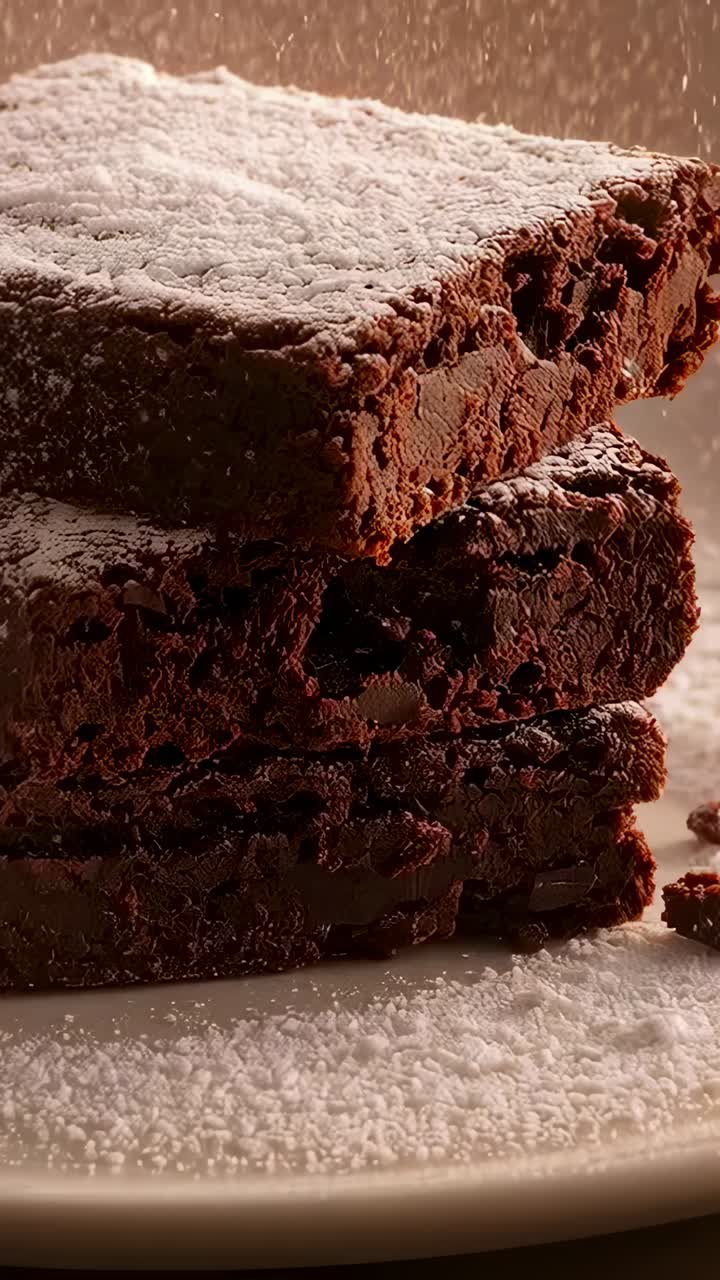 Dikey video: Stüdyoda bir tabakta 3 adet çikolatalı browninin üzerine pudra şekeri serpilmesi, süsleme
