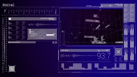 Animation of numbers changing and data processing on screens background