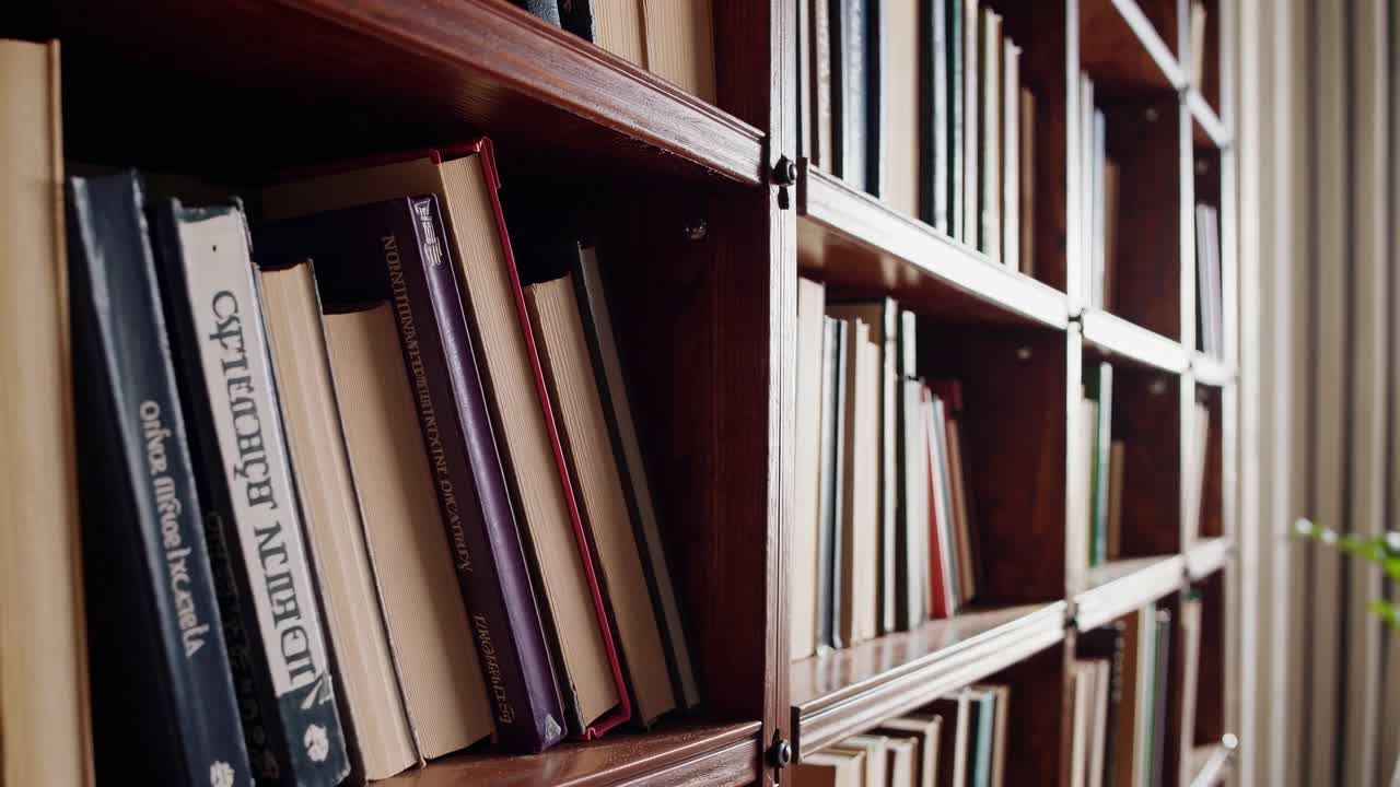 A side-angle view of a wooden bookshelf filled with books, capturing a cozy, academic atmosphere