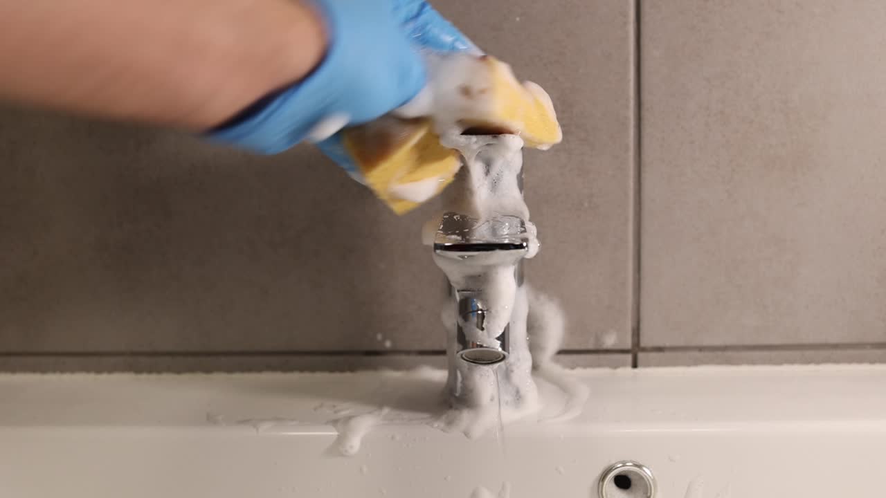 Rengøringsfirmaet rengør badeværelset ved hjælp af professionelle produkter til fjernelse af snavs og belægninger fra sanitet