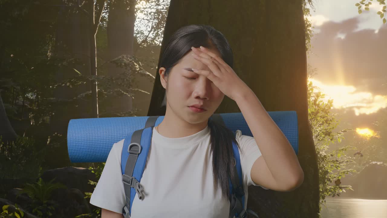 숲에서 산책하는 피곤한 여자