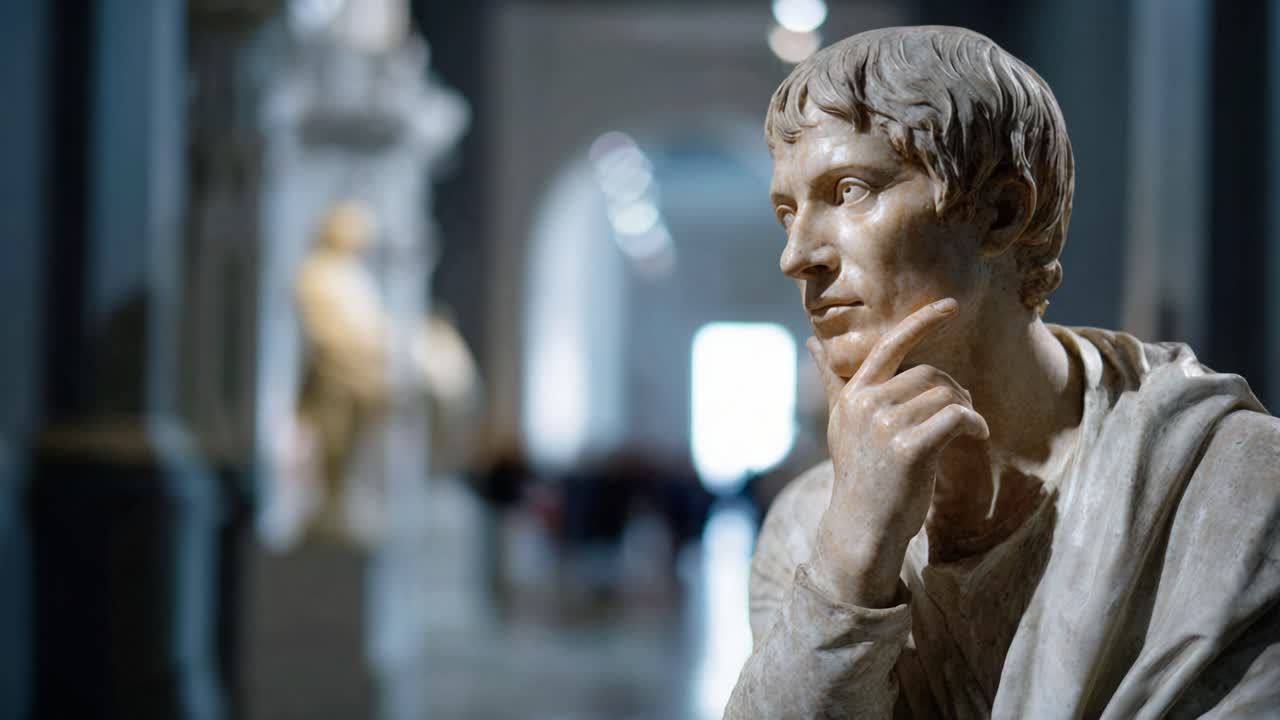 Scultura che invita alla riflessione, raffigurante una figura pensierosa in un museo, che cattura l'introspezione e la maestria artistica in un ambiente sereno.