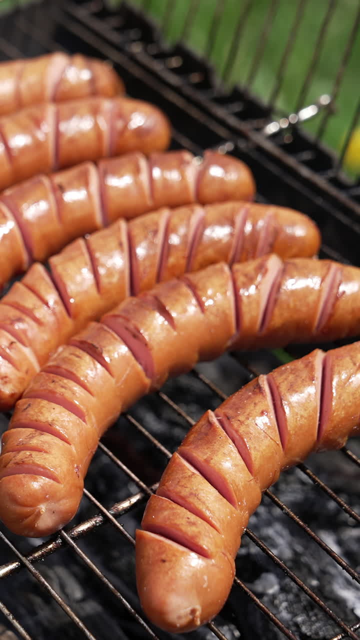 Grilled sausages roasting on barbecue grill outdoors. Grilled food frying and smoking in charcoal grills. Tasty delicious sausages. Street food for picnic and camping. Vertical video