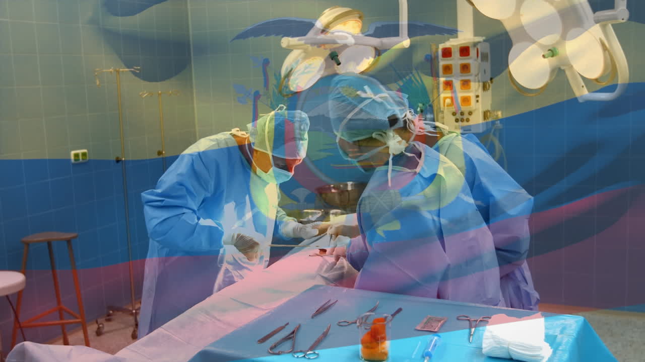 수술실 에서 외과 의사 들 위 에 에 ⁇ 도르  ⁇ 발 이 흔들리는 애니메이션
