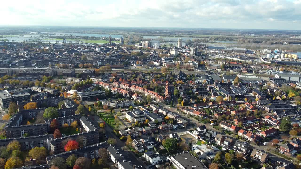 Aerial view of a cityscape in autumn