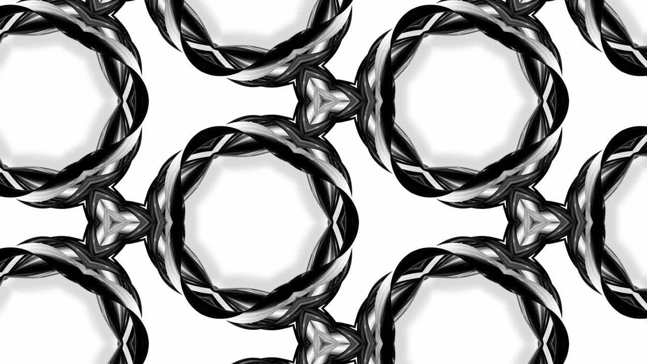 4k nahtlose loop-animation von schwarz-weißem muster mit bändern, die verdreht und komplexe strukturen wie symmetrisches ornamentmuster oder kaleidoskopischer effekt bilden