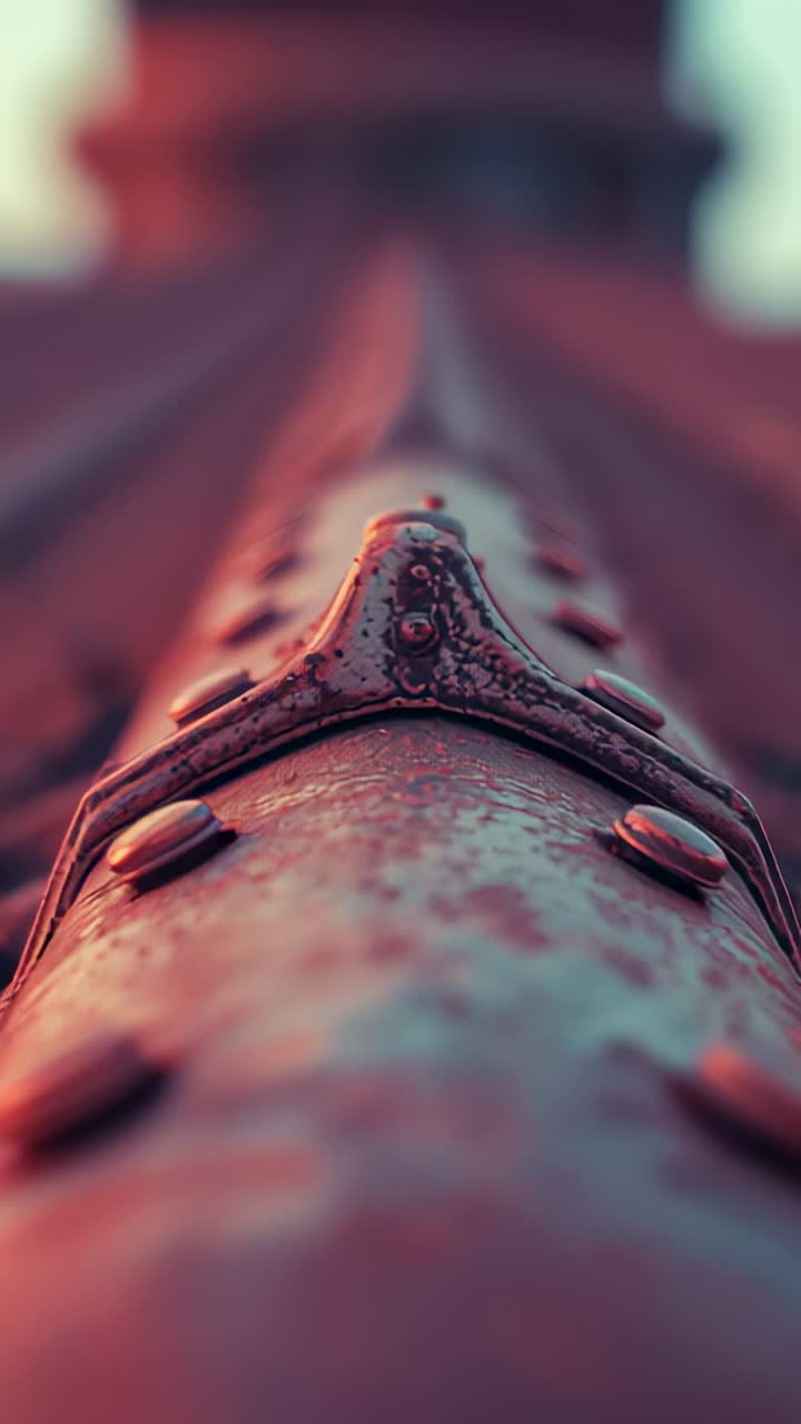 Vertical video: Panning camera revealing rusted metal column on bridge, showing rivets and rust