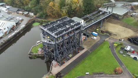 industrial victorian anderton canal boat lift aerial view river weaver birdseye orbit left