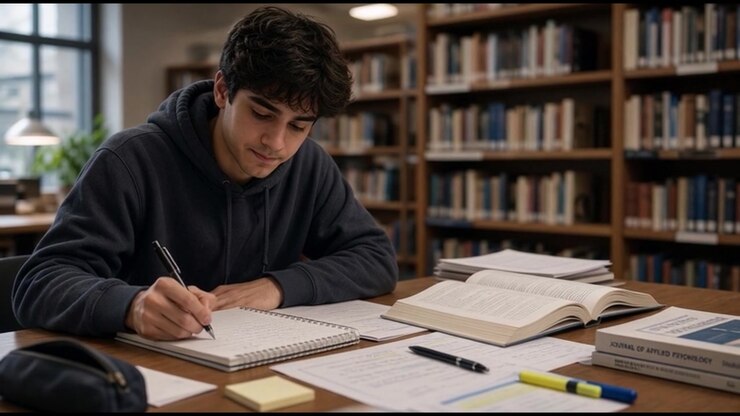 Giovane studente che studia in una biblioteca universitaria