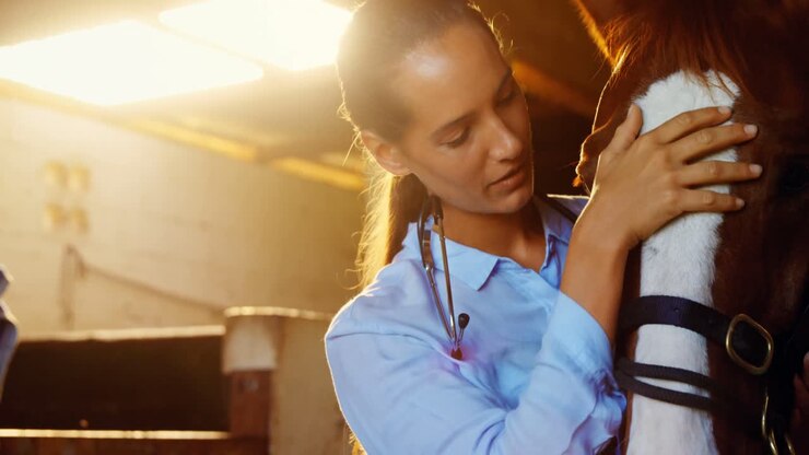 Veterinarian doctor checking a horse 4k