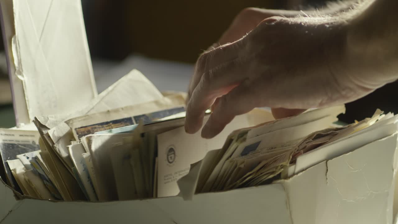 Primo piano di mani che cercano vecchi documenti legali in una cartella d'archivio personale.