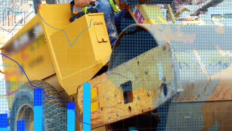 gráfico azul que se forma en una cuadrícula contra un trabajador de la construcción masculino montando un rodillo de vapor