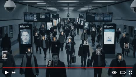exploring the intersection of technology and surveillance: a visual journey through a modern transit hub filled with crowds and digital identifications